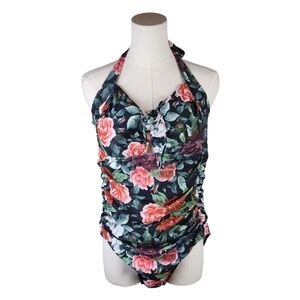 Floral Halter One Piece Swimsuit XL Ruched Keyhole Retro Rose Print Bathing Suit